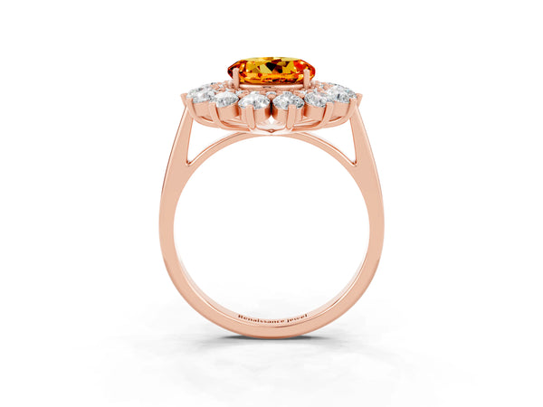 Rose gold Round Cut Citrine Floral Double Halo Engagement Ring with Prong Setting