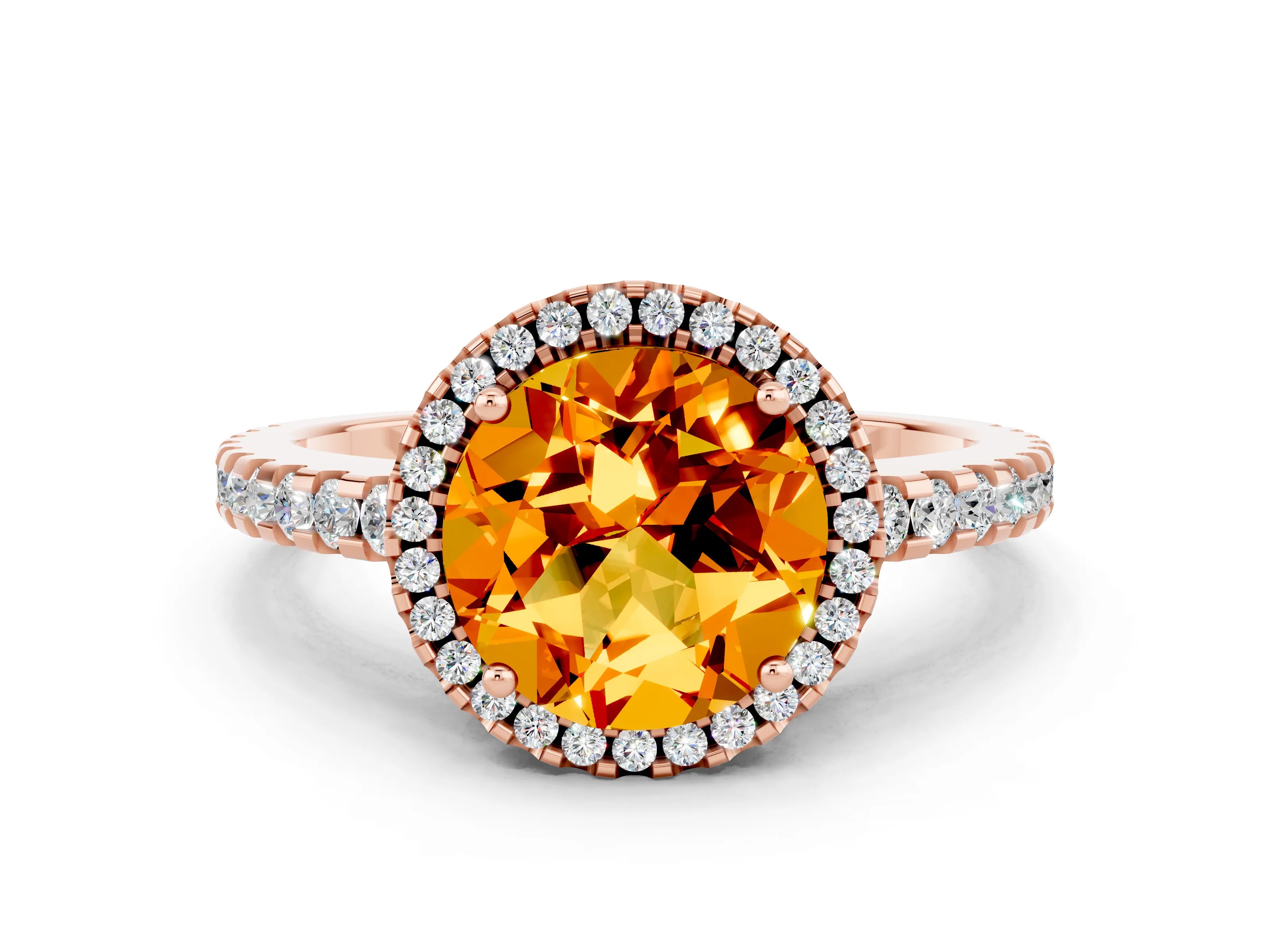 Rose gold Round Cut Citrine Halo Engagement Ring with Pavé Band and Prong Setting_12