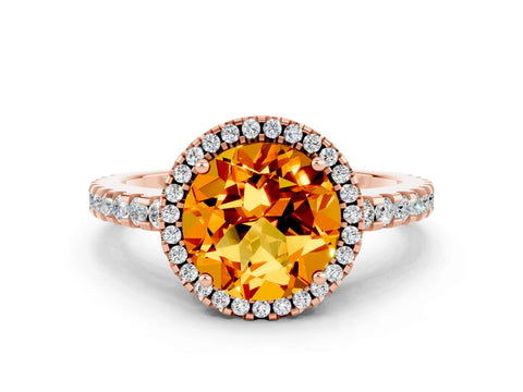 Rose gold Round Cut Citrine Halo Engagement Ring with Pavé Band and Prong Setting_12