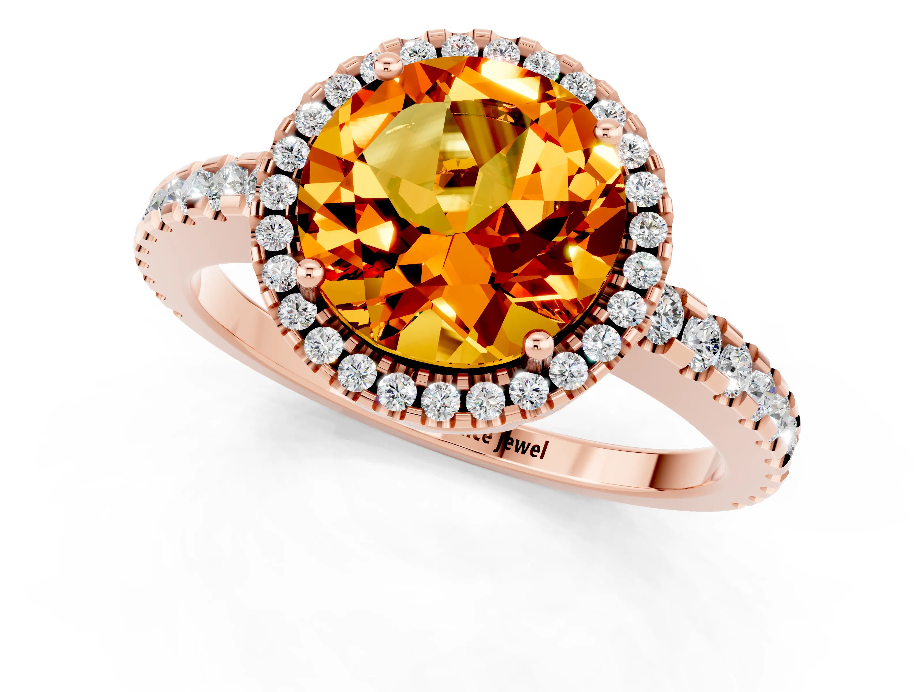 Rose gold Round Cut Citrine Halo Engagement Ring with Pavé Band and Prong Setting_13