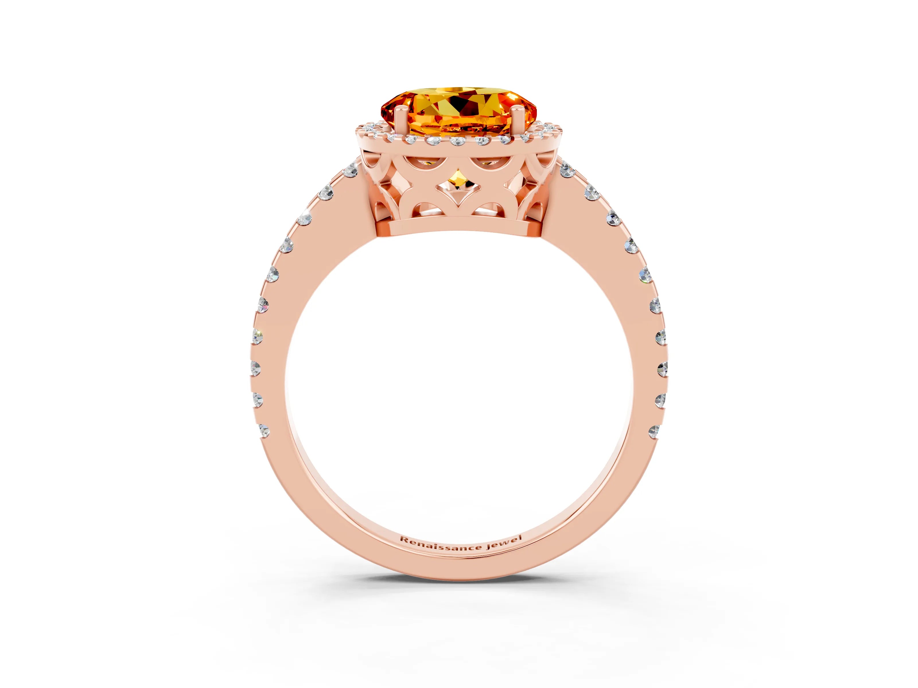 Rose gold Round Cut Citrine Halo Engagement Ring with Pavé Band and Prong Setting_15