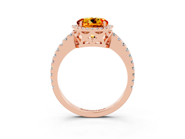 Rose gold Round Cut Citrine Halo Engagement Ring with Pavé Band and Prong Setting