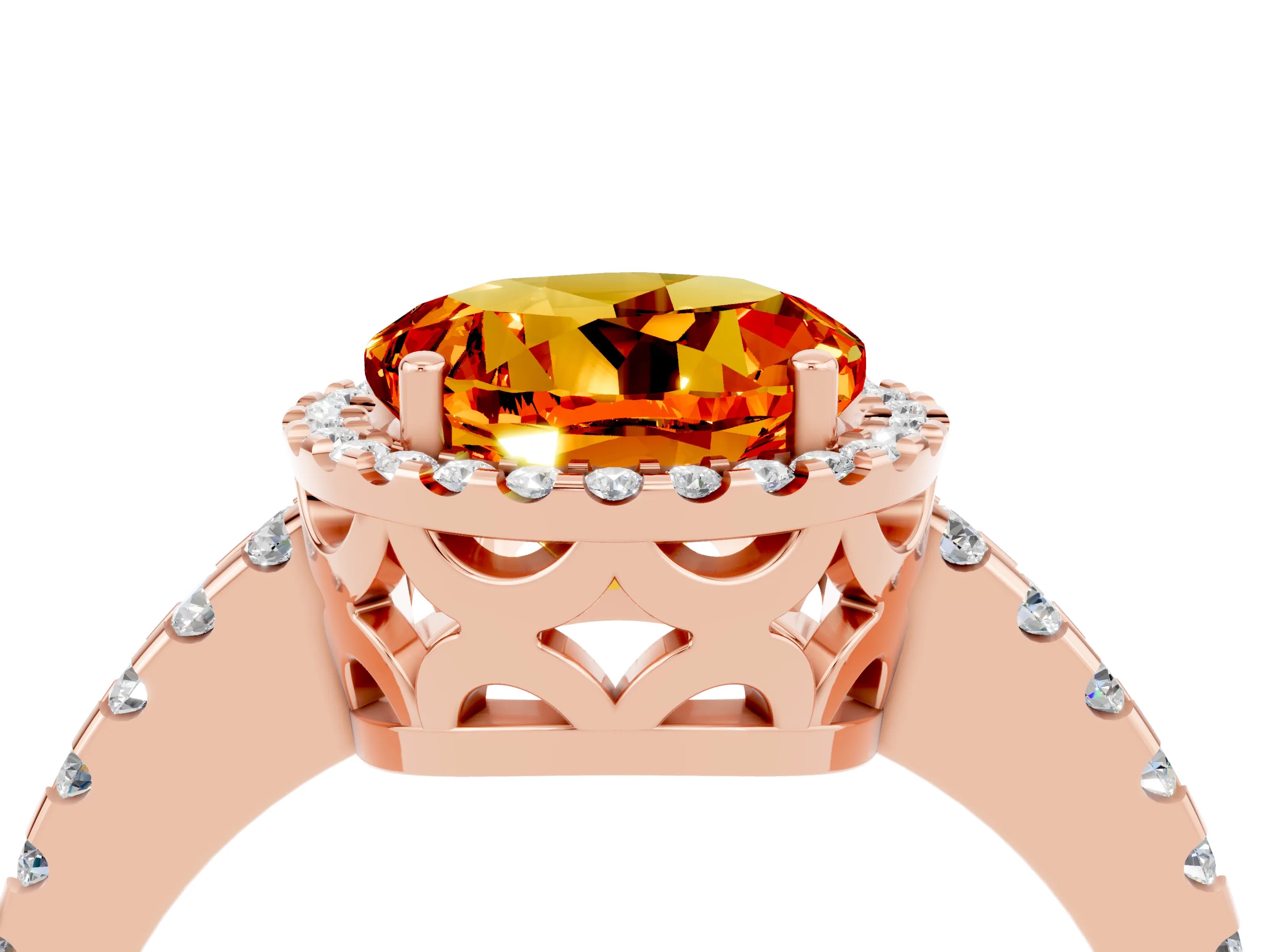 Rose gold Round Cut Citrine Halo Engagement Ring with Pavé Band and Prong Setting_16