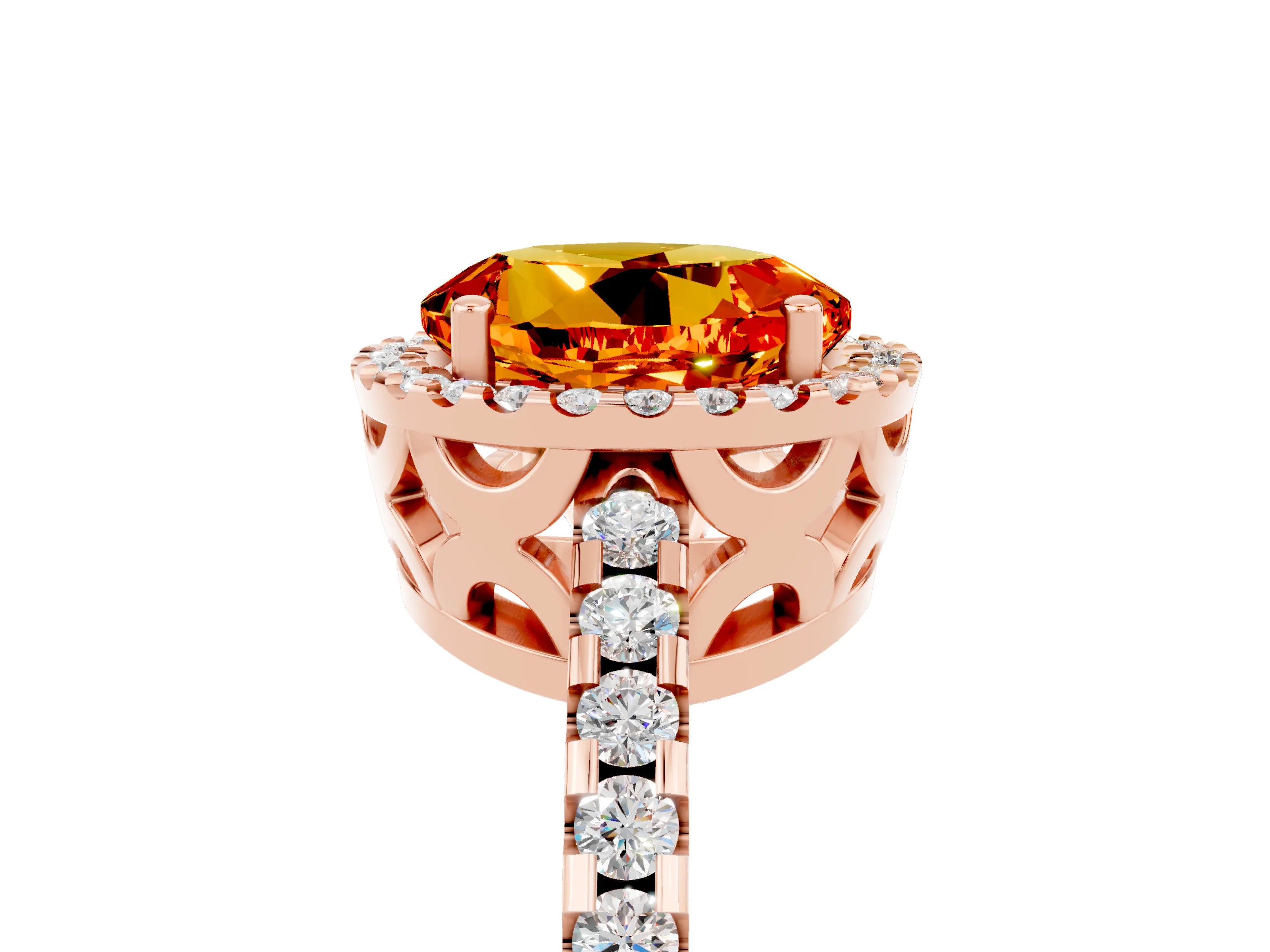 Rose gold Round Cut Citrine Halo Engagement Ring with Pavé Band and Prong Setting_17