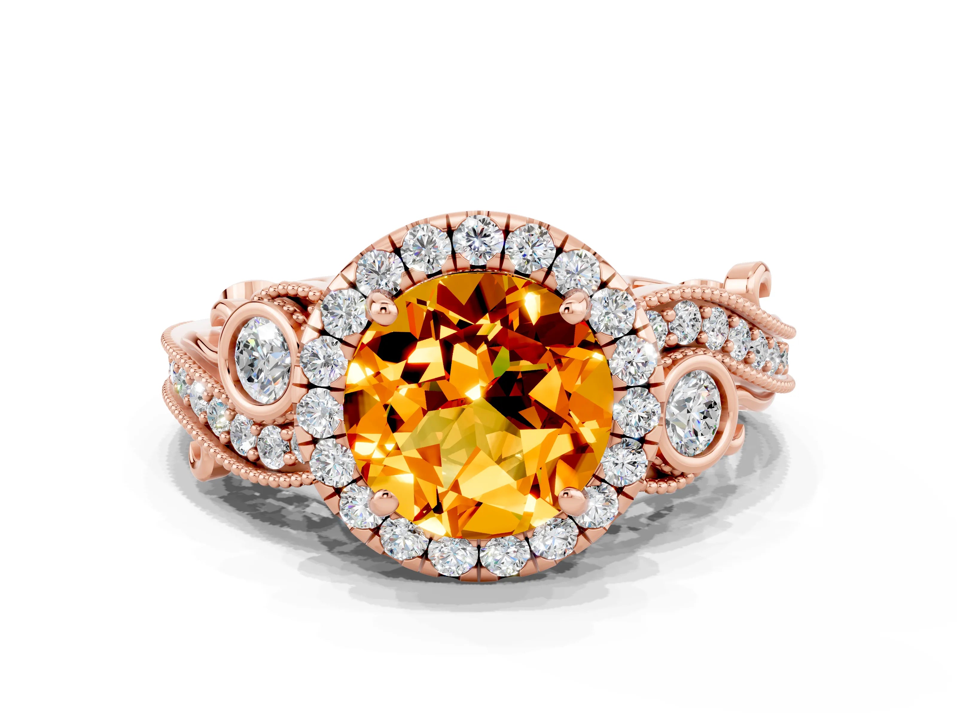 Rose gold Round Cut Citrine Halo Ring with Milgrain Pavé Band and Four-Prong Setting_12