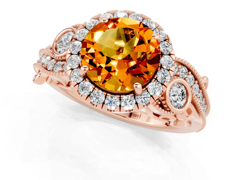 Rose gold Round Cut Citrine Halo Ring with Milgrain Pavé Band and Four-Prong Setting_13