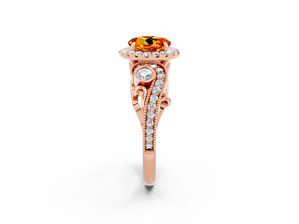 Rose gold Round Cut Citrine Halo Ring with Milgrain Pavé Band and Four-Prong Setting