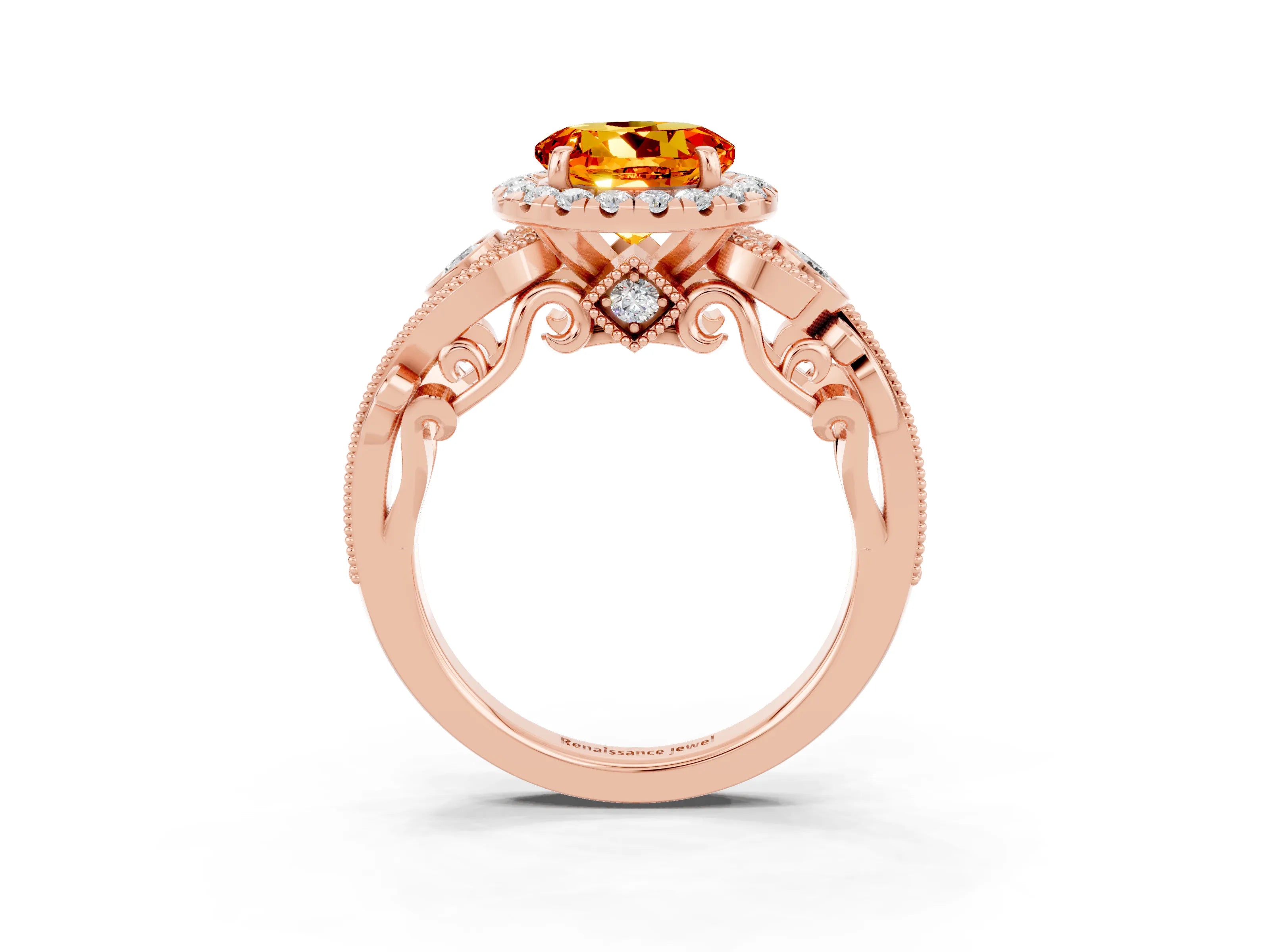 Rose gold Round Cut Citrine Halo Ring with Milgrain Pavé Band and Four-Prong Setting_15