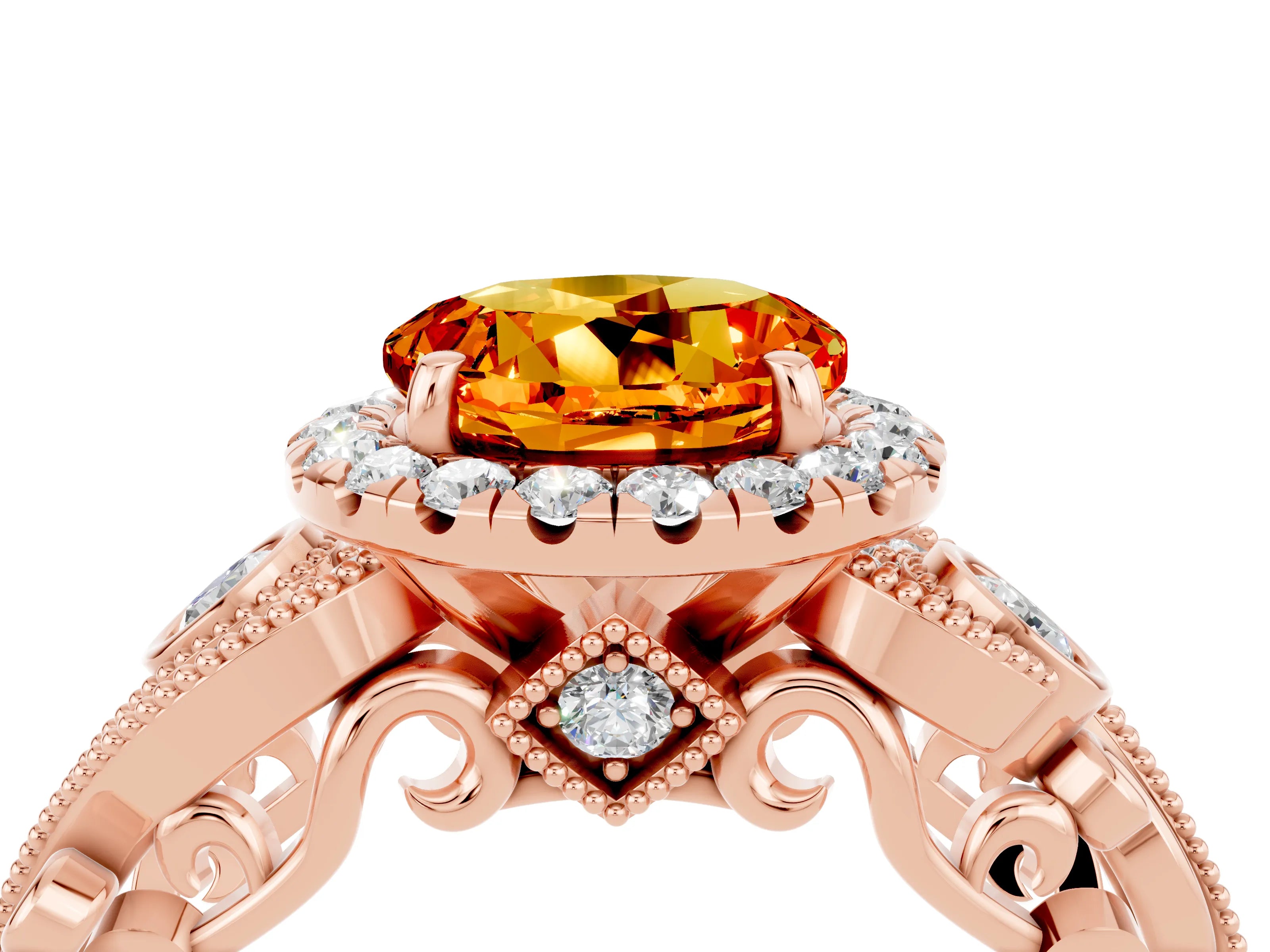 Rose gold Round Cut Citrine Halo Ring with Milgrain Pavé Band and Four-Prong Setting_16
