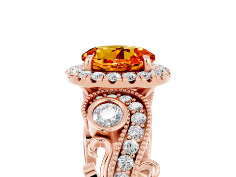 Rose gold Round Cut Citrine Halo Ring with Milgrain Pavé Band and Four-Prong Setting_17