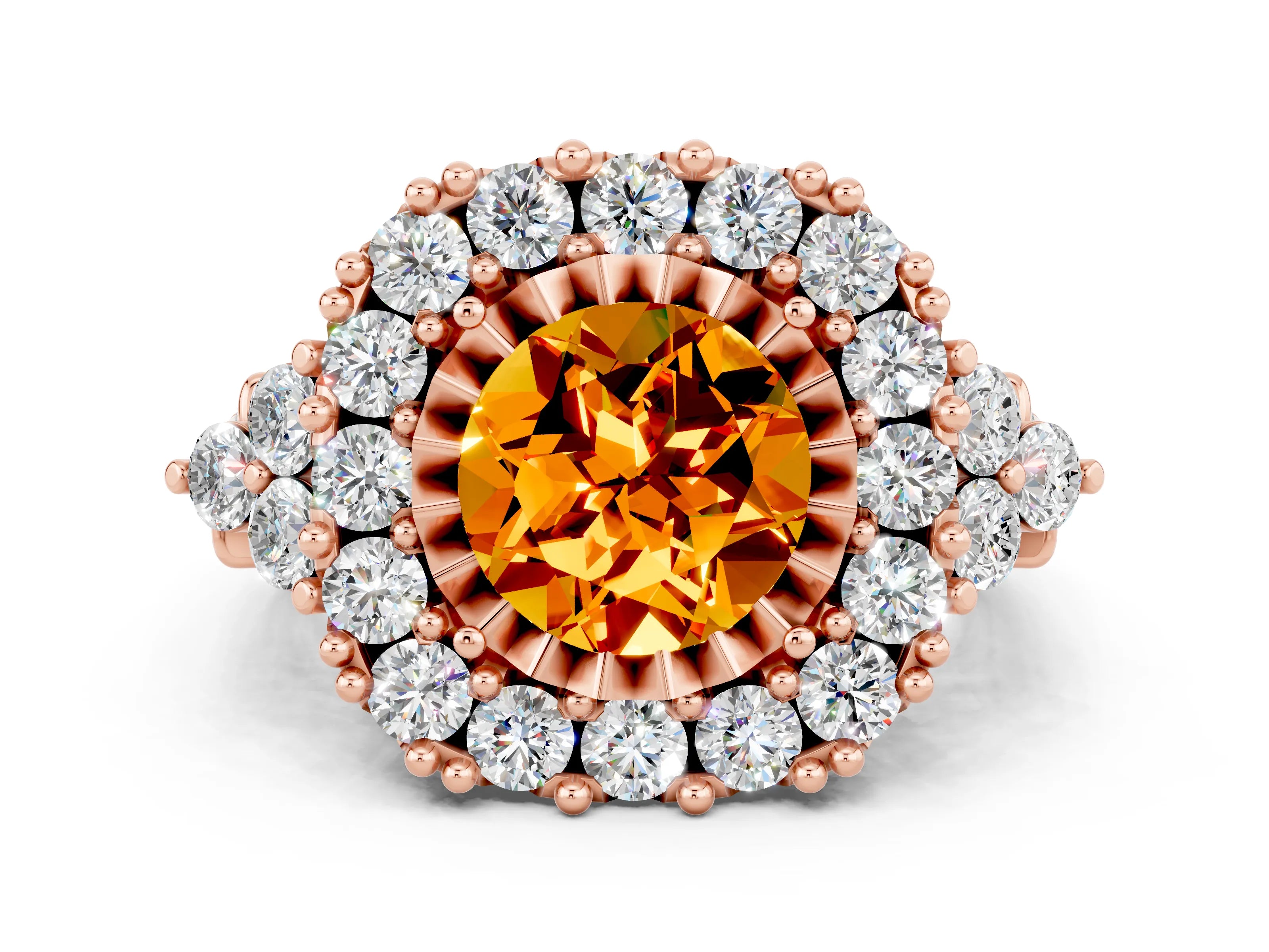 Rose gold Round Cut Citrine Halo Ring with Pavé Band and Four-Prong Setting_12