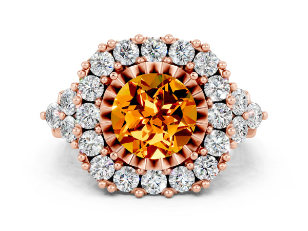 Rose gold Round Cut Citrine Halo Ring with Pavé Band and Four-Prong Setting