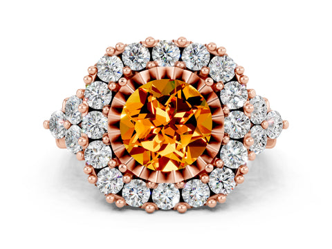 Rose gold Round Cut Citrine Halo Ring with Pavé Band and Four-Prong Setting_12