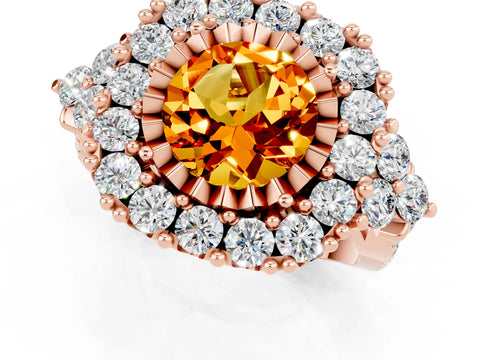 Rose gold Round Cut Citrine Halo Ring with Pavé Band and Four-Prong Setting_13