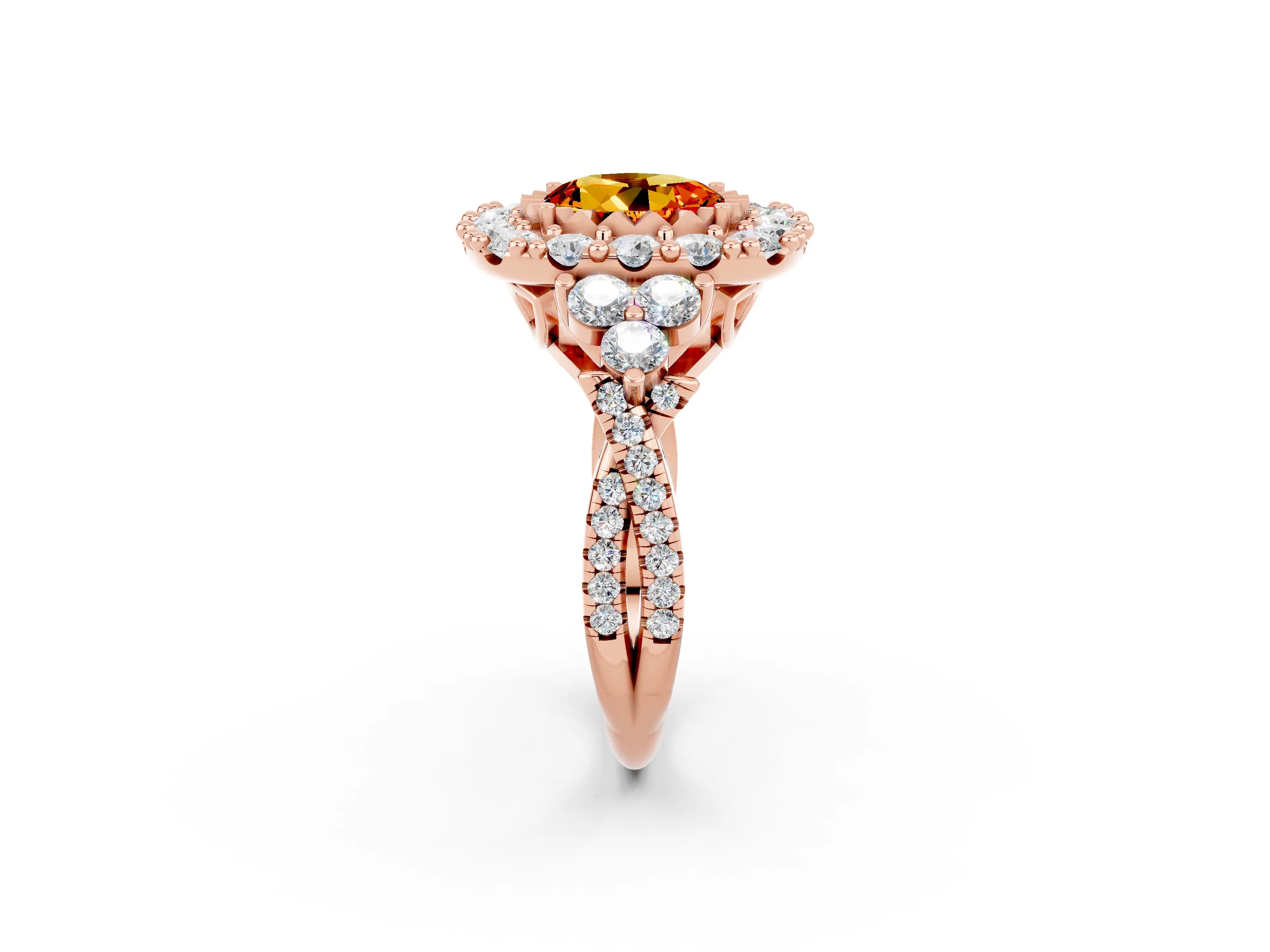 Rose gold Round Cut Citrine Halo Ring with Pavé Band and Four-Prong Setting_14
