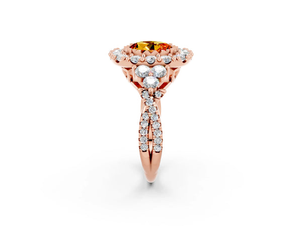 Rose gold Round Cut Citrine Halo Ring with Pavé Band and Four-Prong Setting
