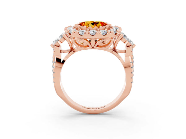 Rose gold Round Cut Citrine Halo Ring with Pavé Band and Four-Prong Setting