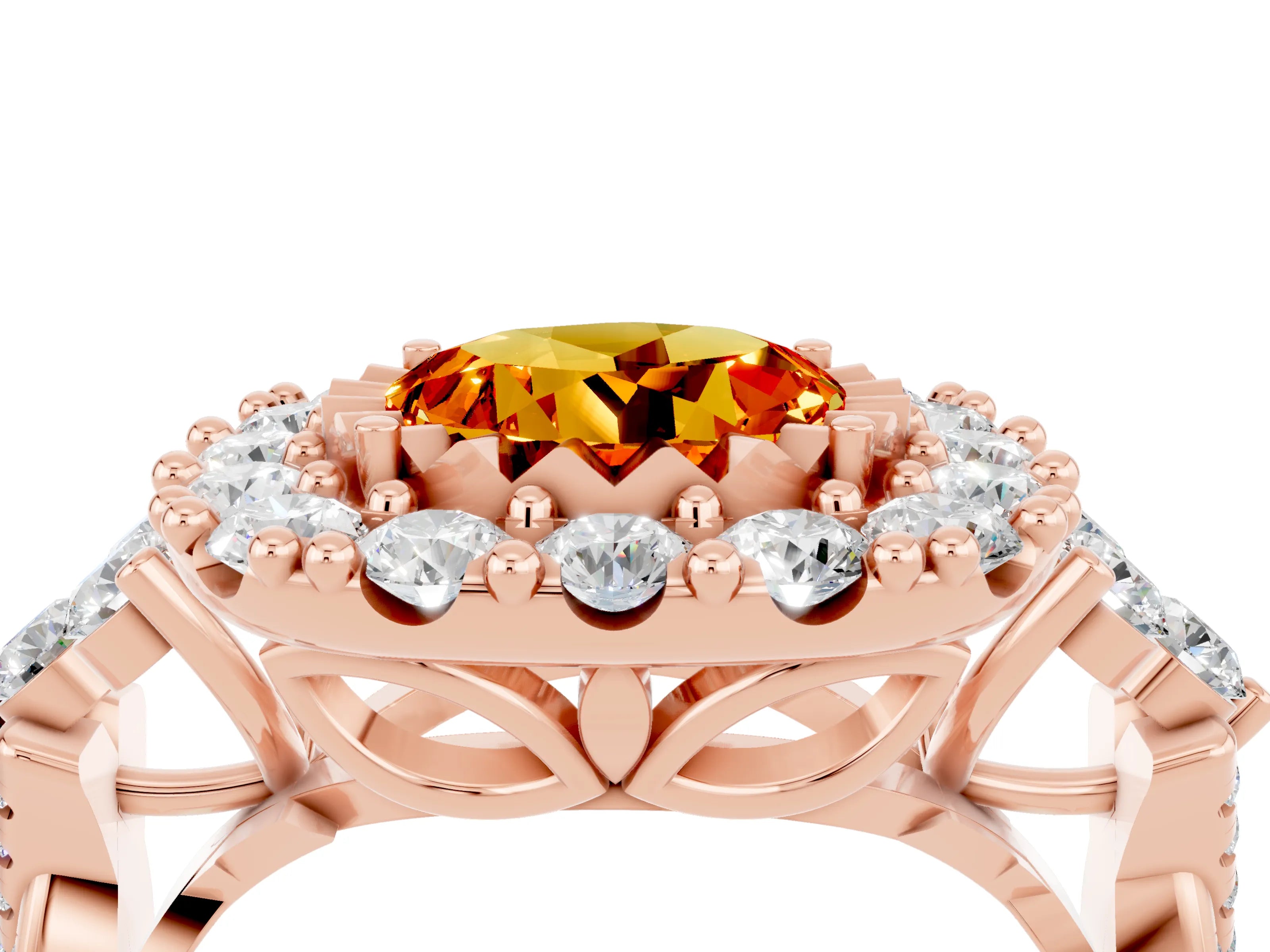 Rose gold Round Cut Citrine Halo Ring with Pavé Band and Four-Prong Setting_16