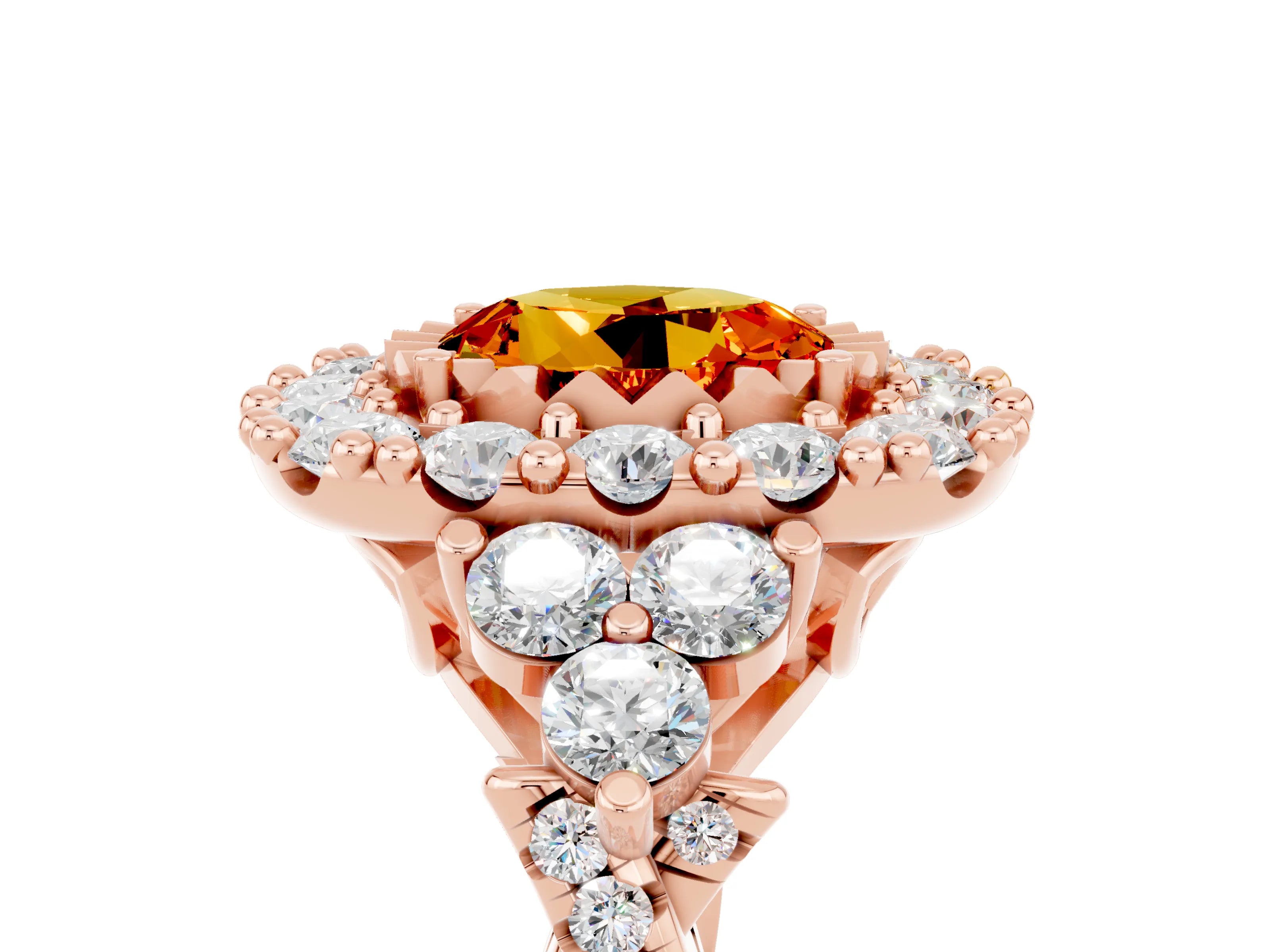 Rose gold Round Cut Citrine Halo Ring with Pavé Band and Four-Prong Setting_17