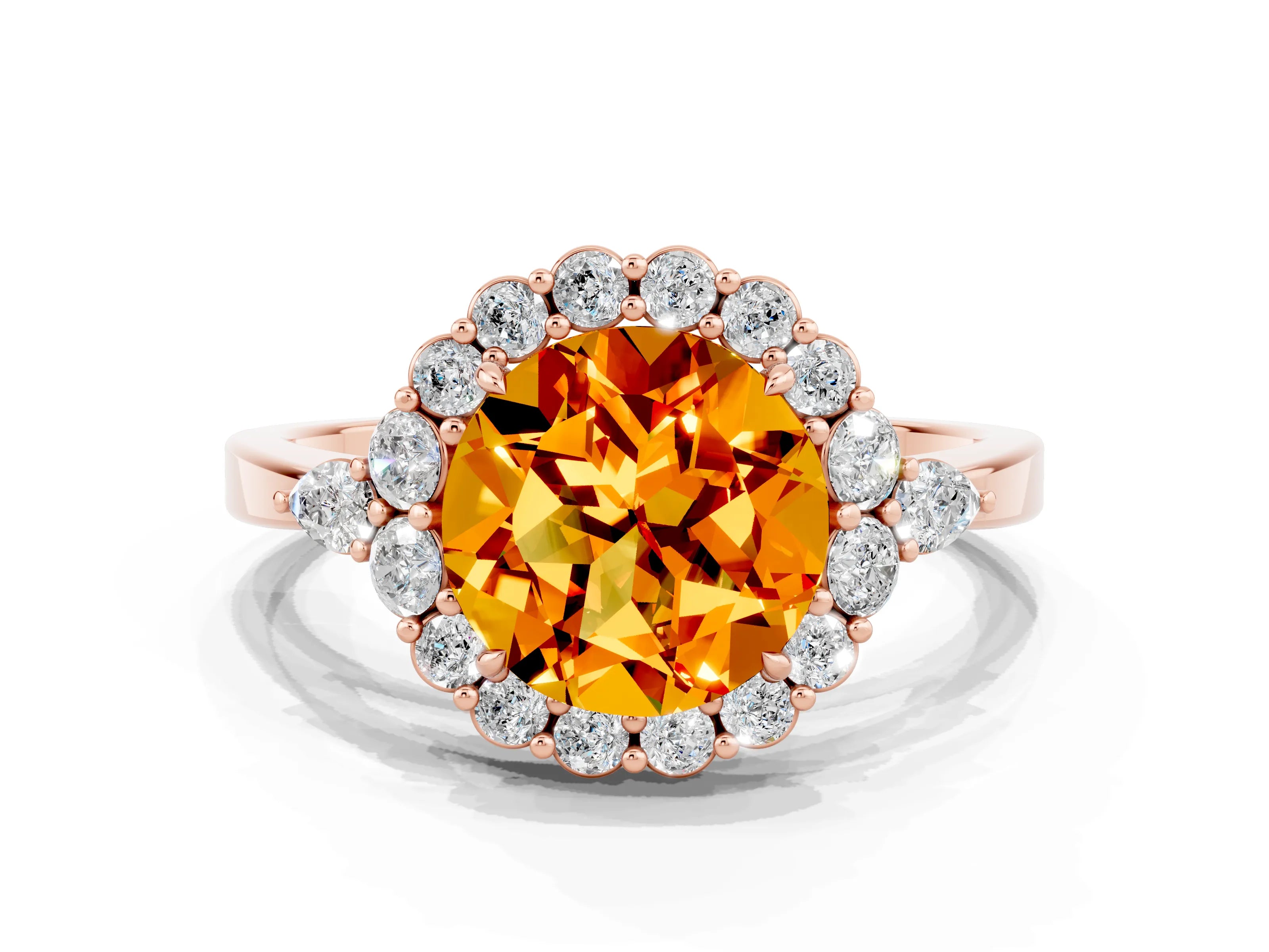 Rose gold Round Cut Citrine Halo Ring with Pear Side Stones and Prong Setting_12