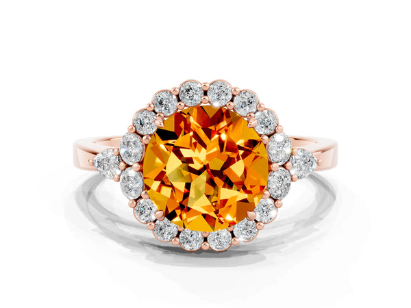 Rose gold Round Cut Citrine Halo Ring with Pear Side Stones and Prong Setting