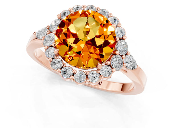 Rose gold Round Cut Citrine Halo Ring with Pear Side Stones and Prong Setting