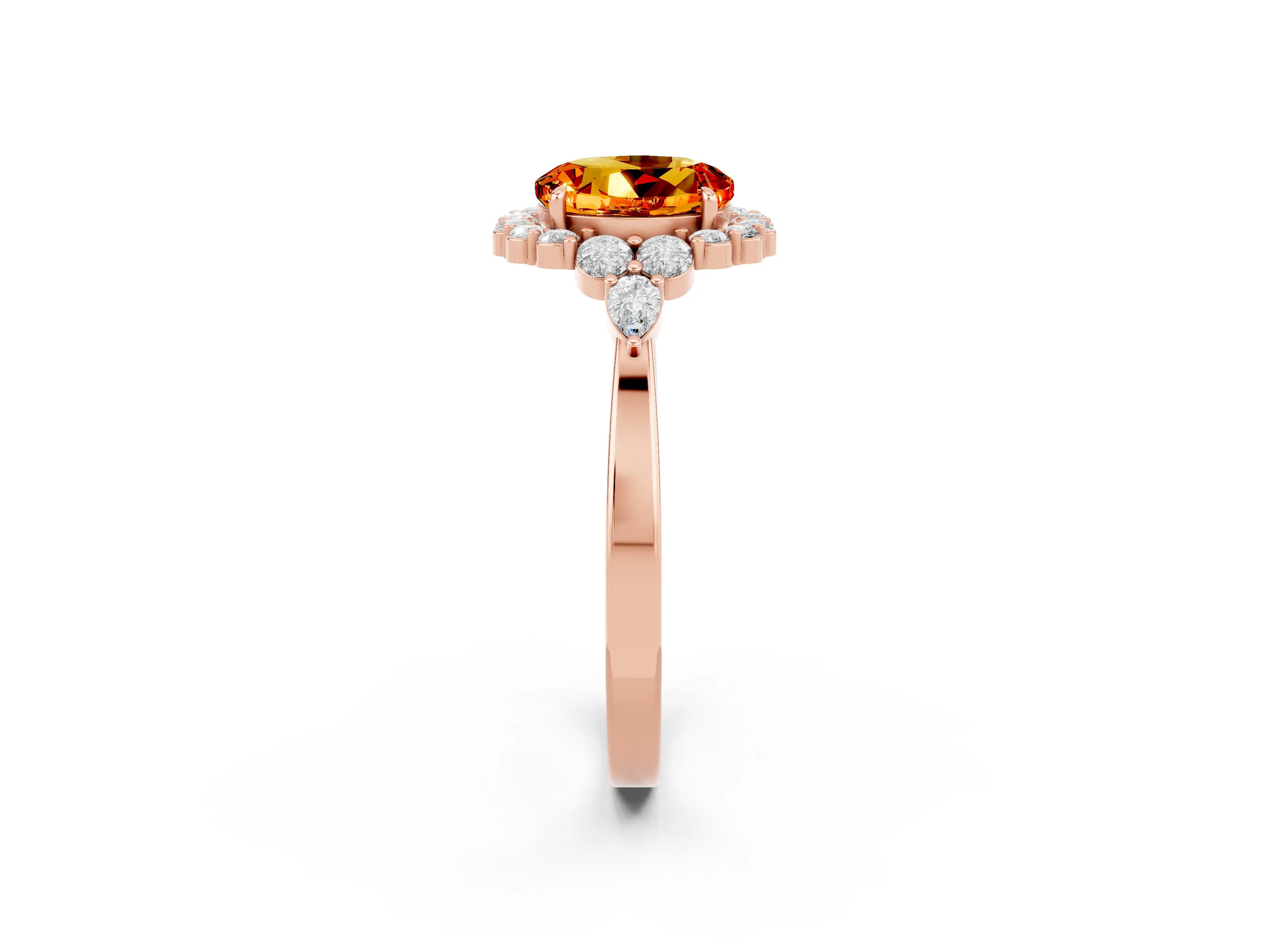 Rose gold Round Cut Citrine Halo Ring with Pear Side Stones and Prong Setting_14