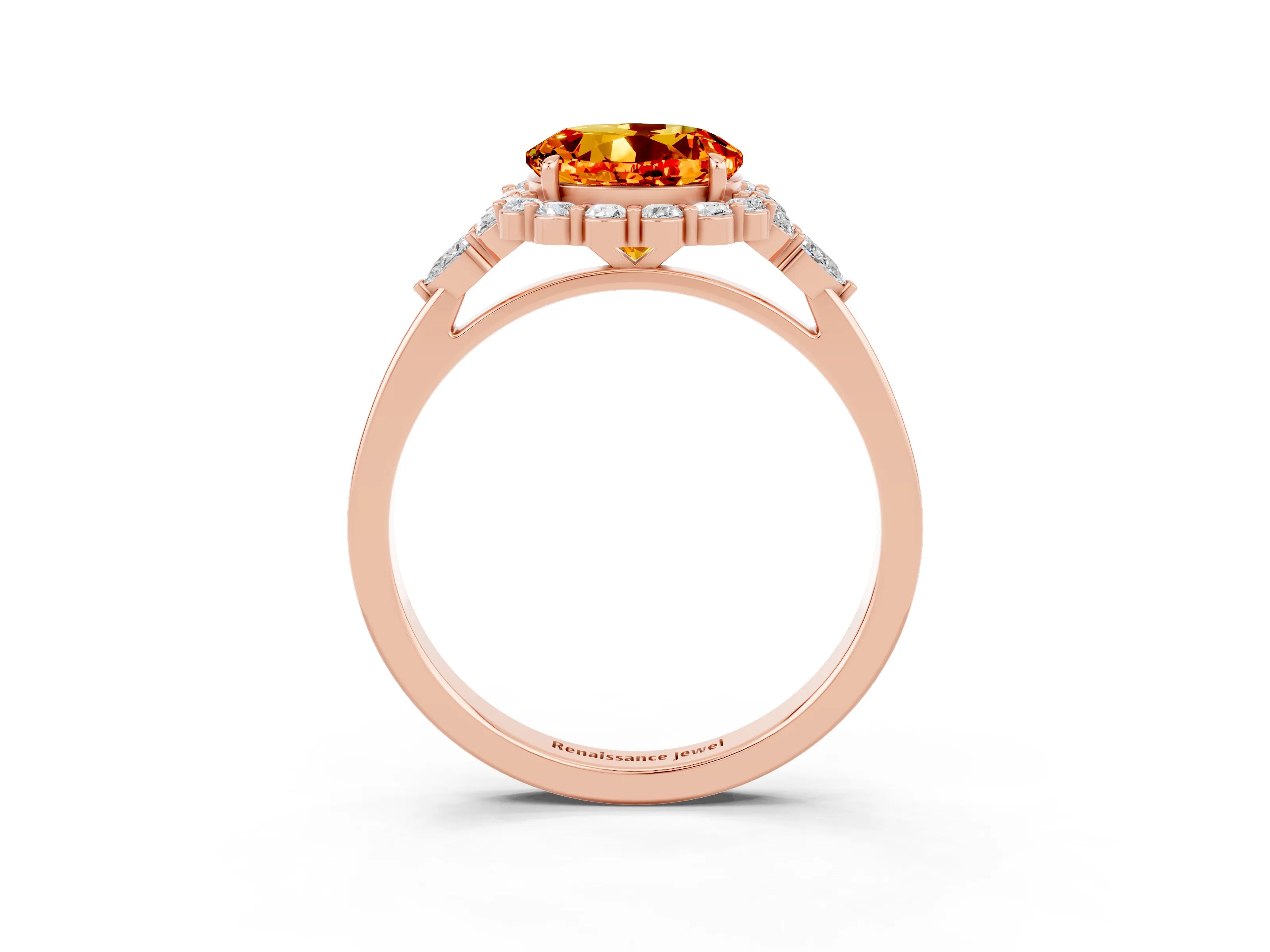 Rose gold Round Cut Citrine Halo Ring with Pear Side Stones and Prong Setting_15