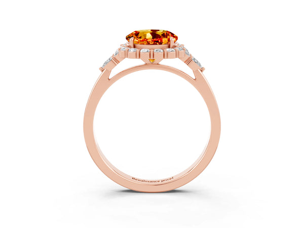 Rose gold Round Cut Citrine Halo Ring with Pear Side Stones and Prong Setting