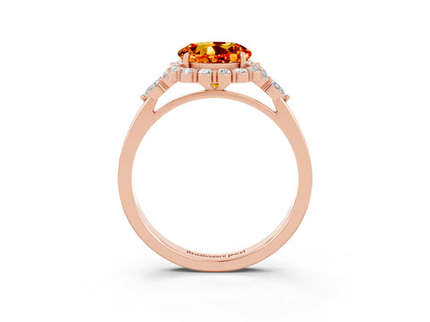 Rose gold Round Cut Citrine Halo Ring with Pear Side Stones and Prong Setting_15