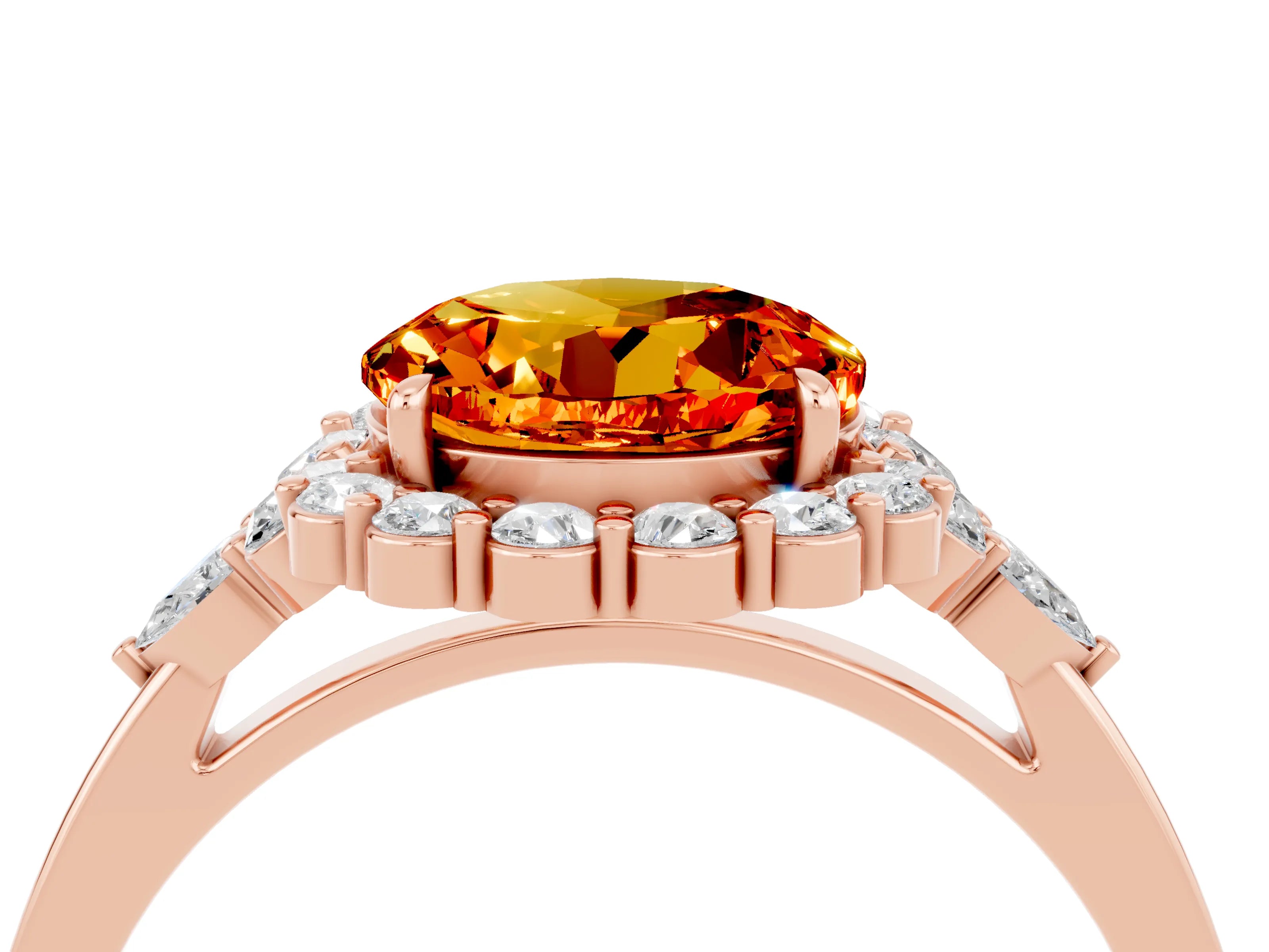 Rose gold Round Cut Citrine Halo Ring with Pear Side Stones and Prong Setting_16