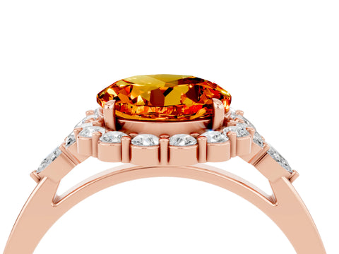 Rose gold Round Cut Citrine Halo Ring with Pear Side Stones and Prong Setting_16