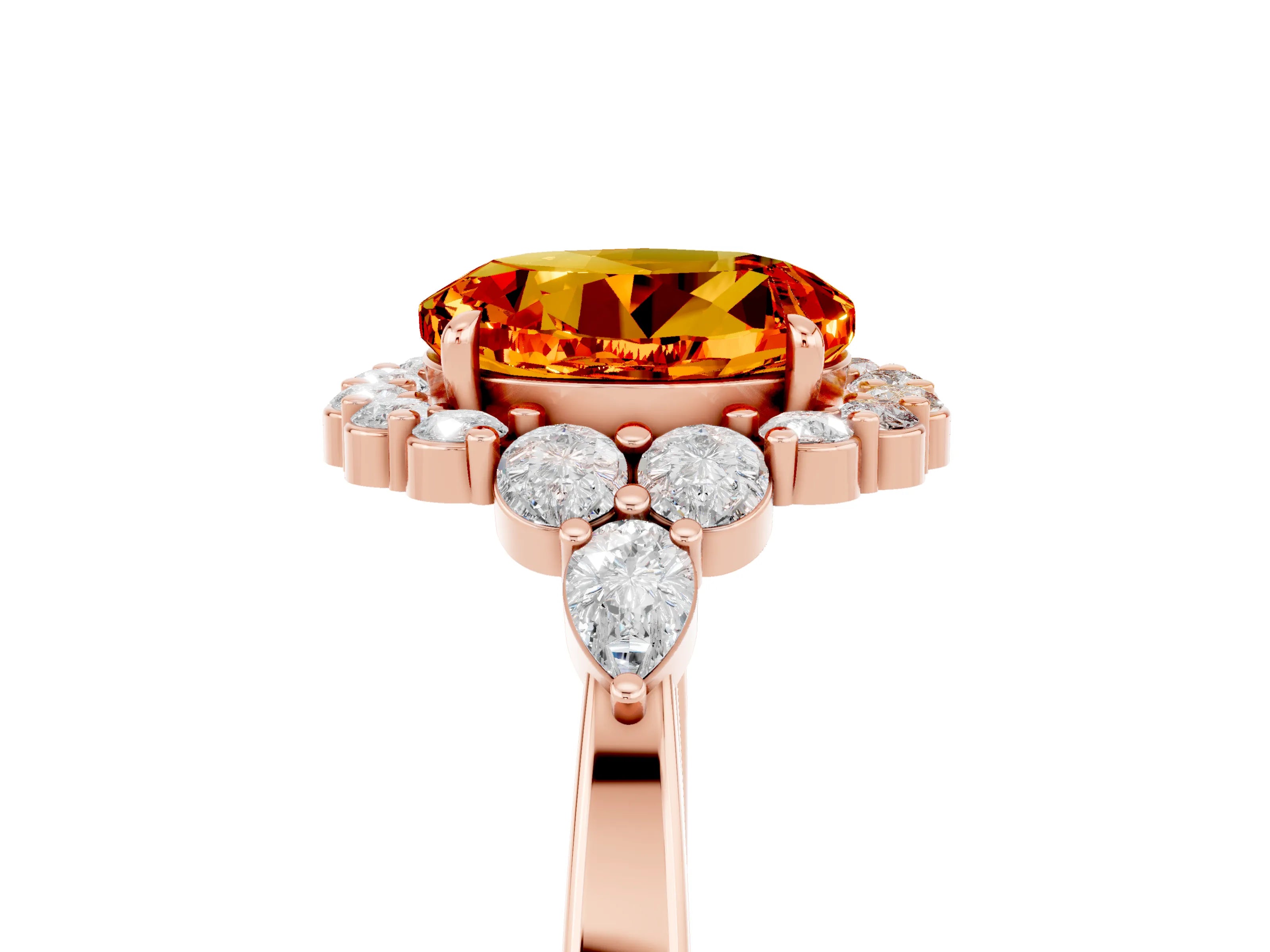 Rose gold Round Cut Citrine Halo Ring with Pear Side Stones and Prong Setting_17