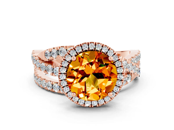 Rose gold Round Cut Citrine Halo Ring with Round Split Shank and Prong Setting