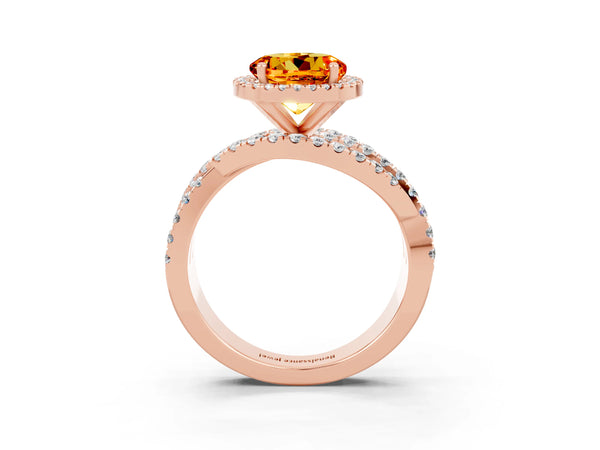 Rose gold Round Cut Citrine Halo Ring with Round Split Shank and Prong Setting