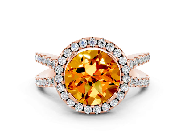 Rose gold Round Cut Citrine Halo Ring with Split Shank Pavé Band and Prong Setting
