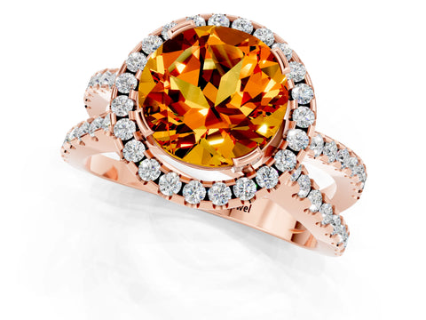 Rose gold Round Cut Citrine Halo Ring with Split Shank Pavé Band and Prong Setting_1