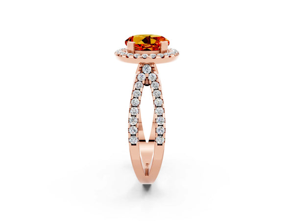 Rose gold Round Cut Citrine Halo Ring with Split Shank Pavé Band and Prong Setting