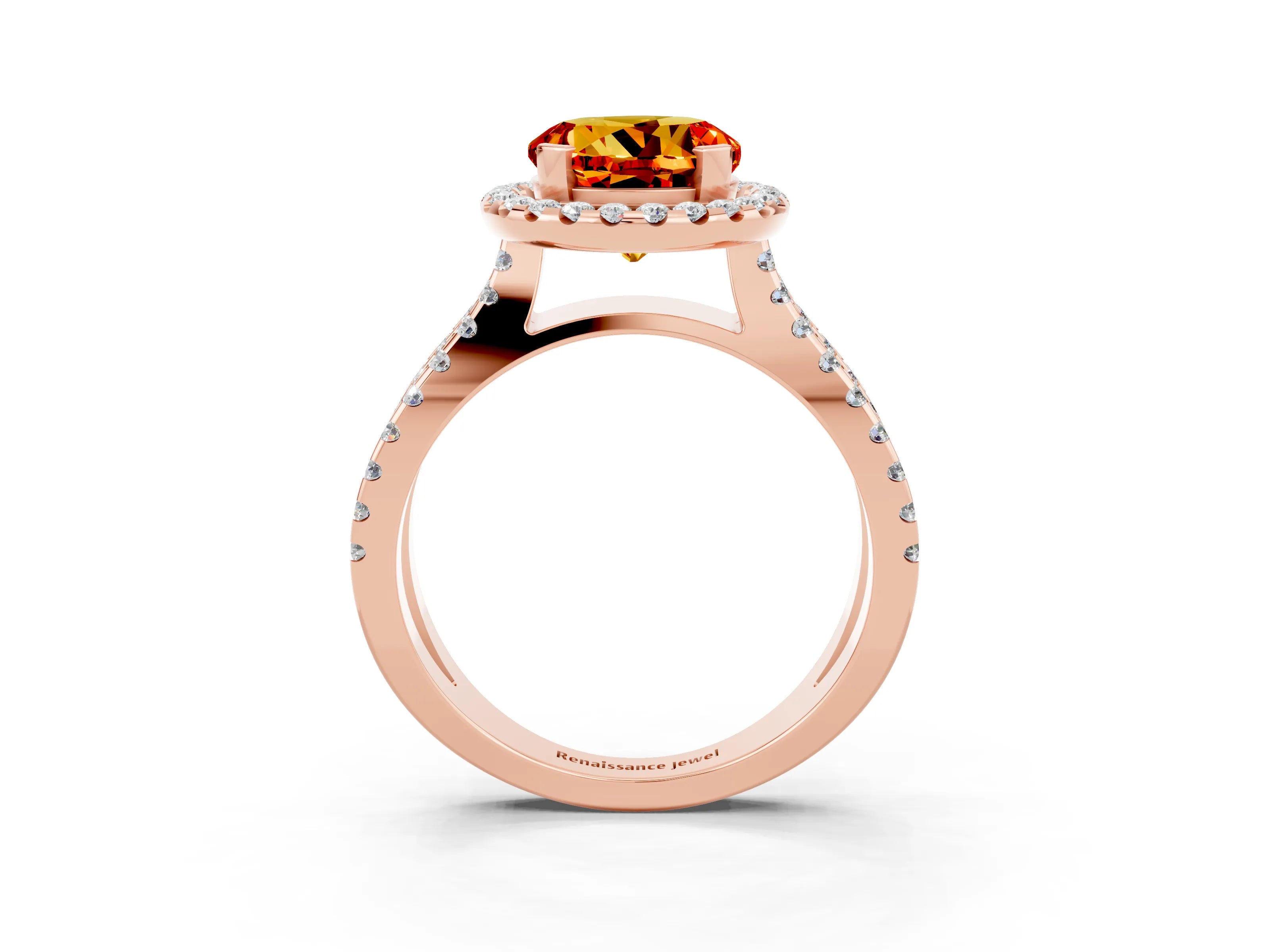Rose gold Round Cut Citrine Halo Ring with Split Shank Pavé Band and Prong Setting_3