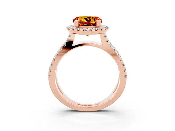Rose gold Round Cut Citrine Halo Ring with Split Shank Pavé Band and Prong Setting
