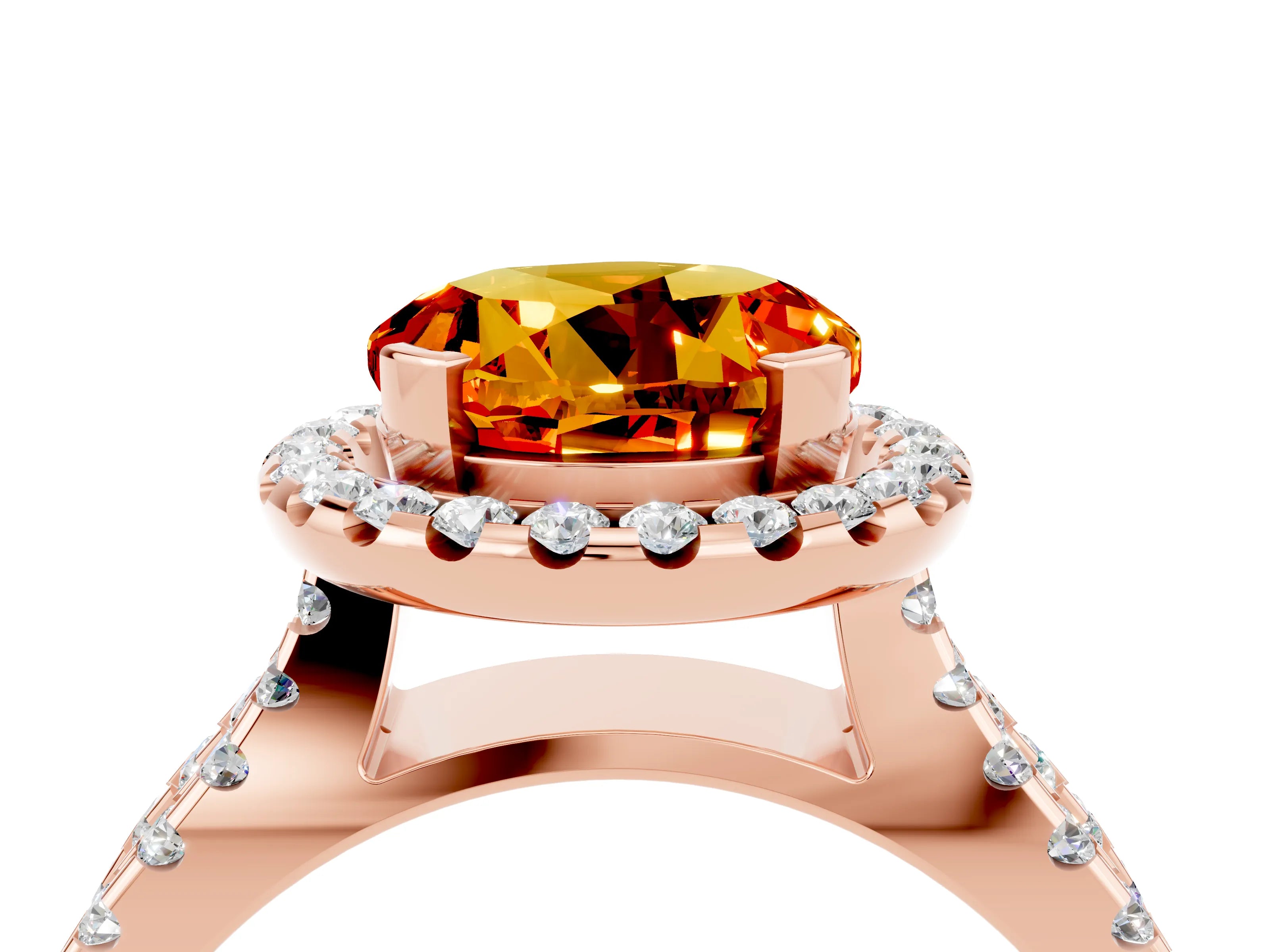 Rose gold Round Cut Citrine Halo Ring with Split Shank Pavé Band and Prong Setting_4