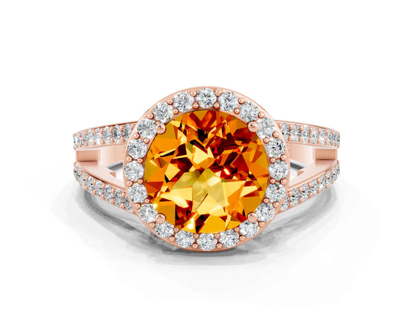 Rose gold Round Cut Citrine Halo Ring with Split Shank U-Prong Band and Four-Prong Setting