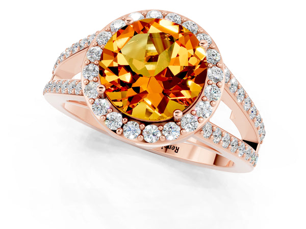Rose gold Round Cut Citrine Halo Ring with Split Shank U-Prong Band and Four-Prong Setting