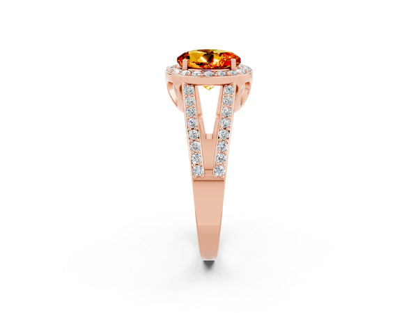 Rose gold Round Cut Citrine Halo Ring with Split Shank U-Prong Band and Four-Prong Setting