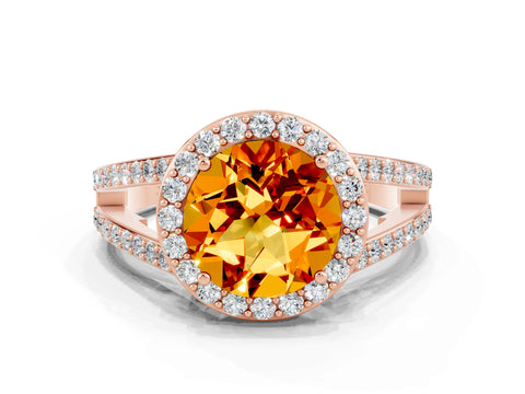 Rose gold Round Cut Citrine Halo Ring with Split Shank U-Prong Band and Four-Prong Setting