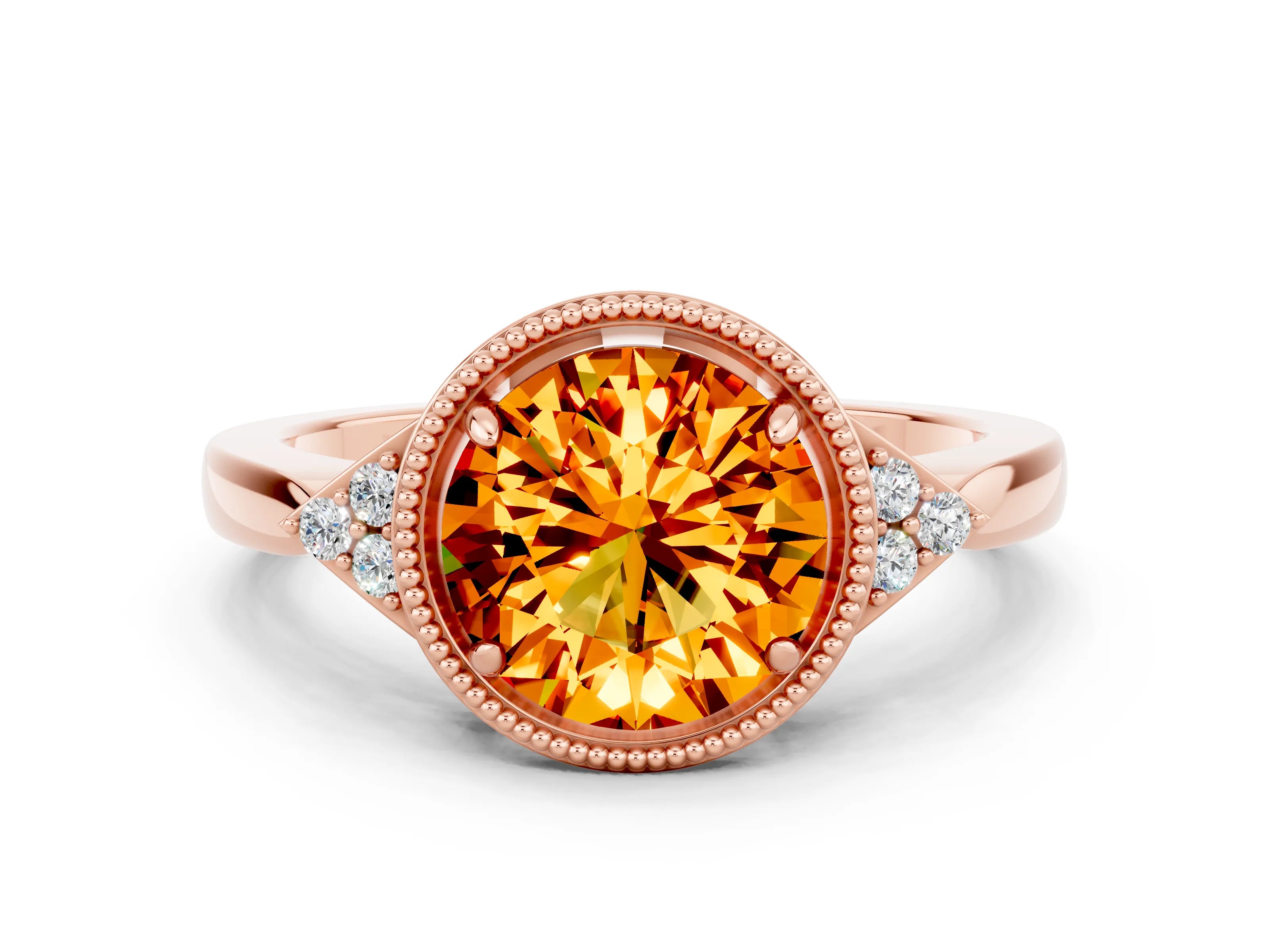 Rose gold Round Cut Citrine Halo Ring with Tapered Band and Four-Prong Setting