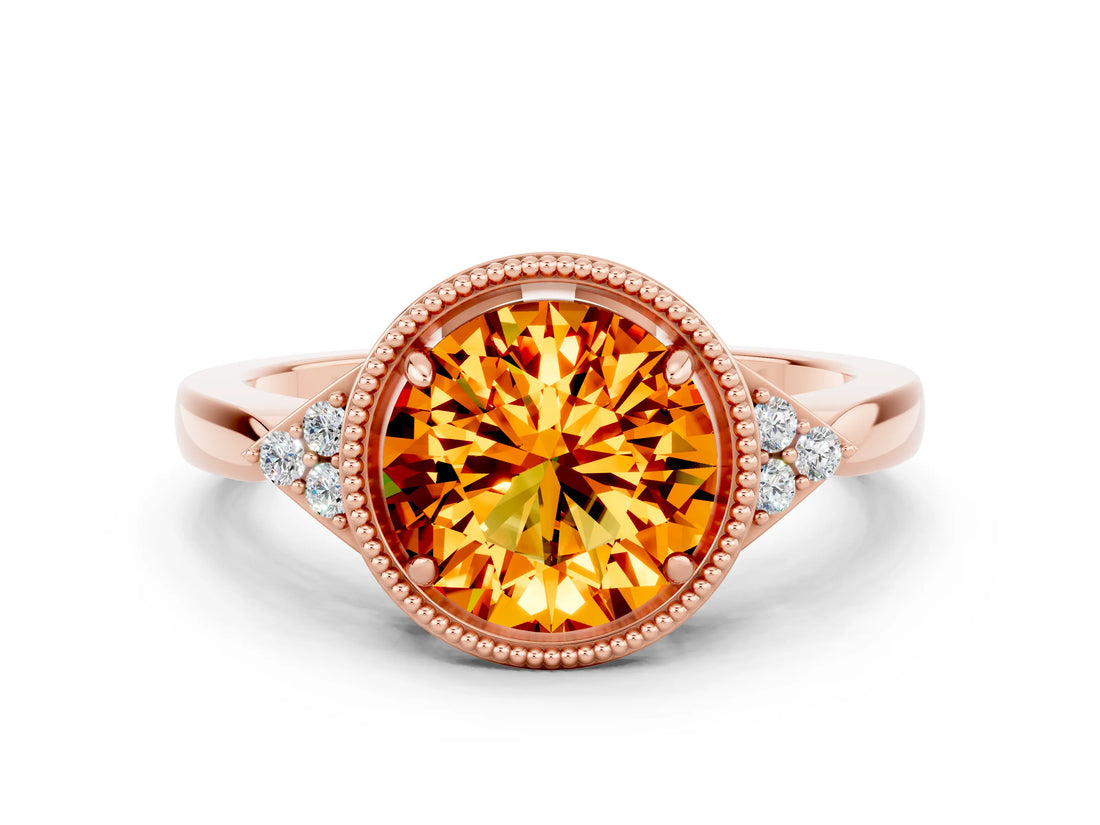 Rose gold Round Cut Citrine Halo Ring with Tapered Band and Four-Prong Setting