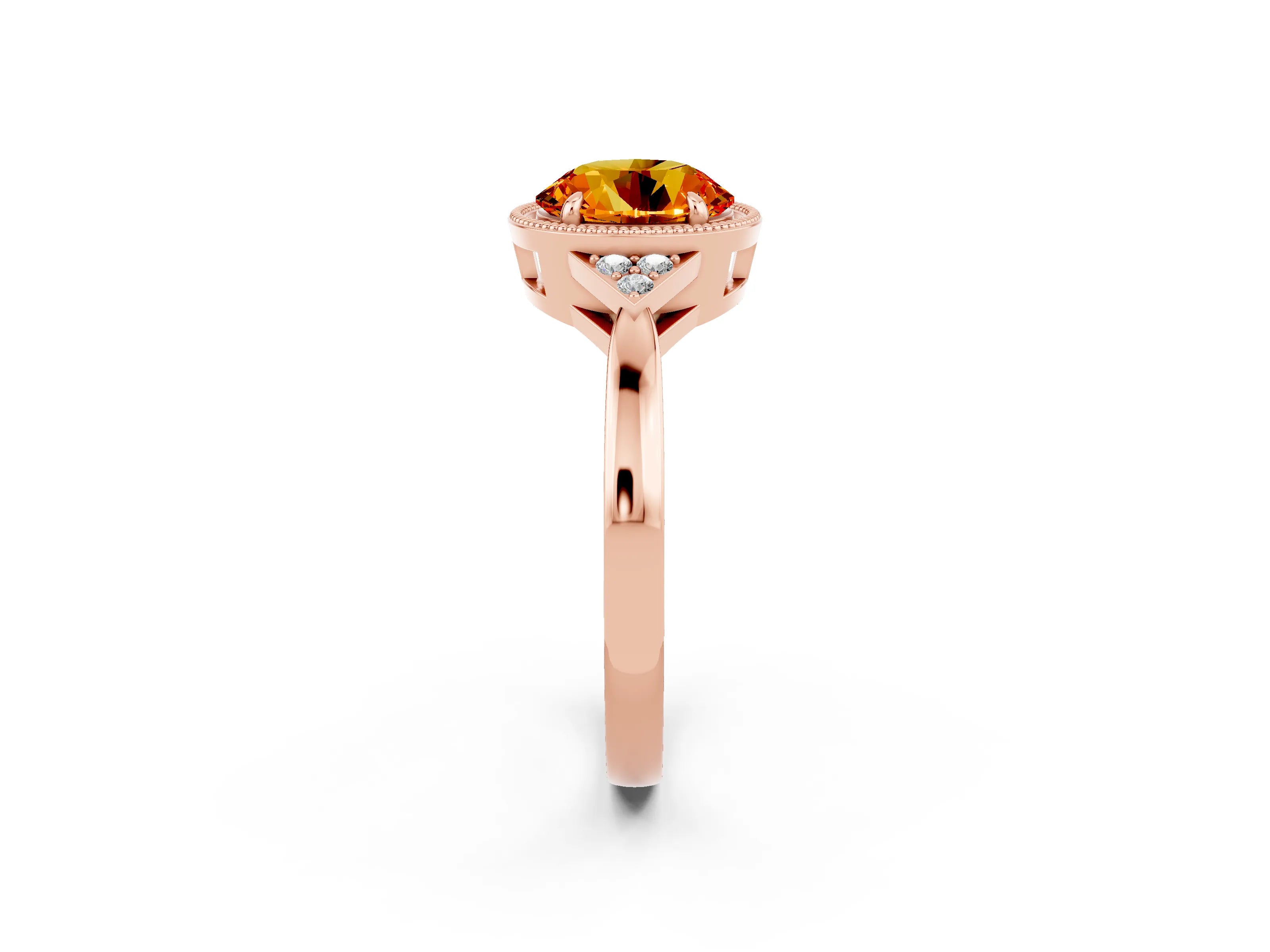 Rose gold Round Cut Citrine Halo Ring with Tapered Band and Four-Prong Setting_2