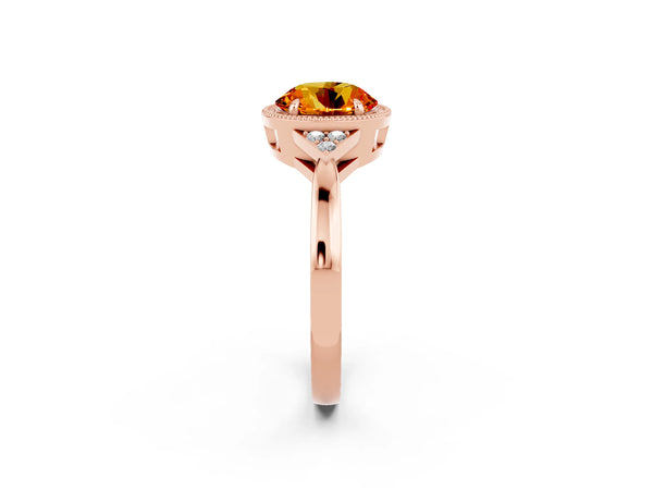 Rose gold Round Cut Citrine Halo Ring with Tapered Band and Four-Prong Setting