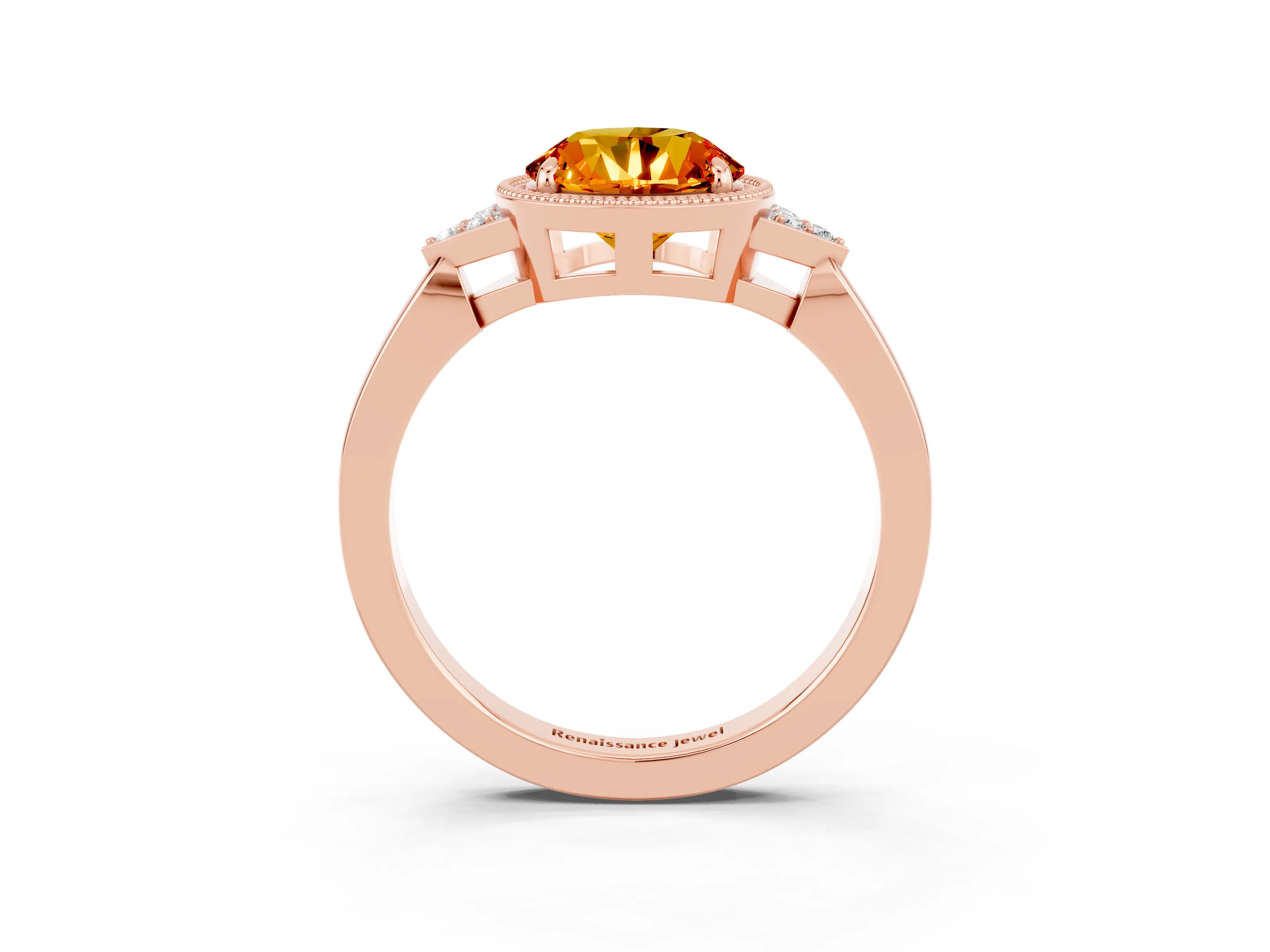 Rose gold Round Cut Citrine Halo Ring with Tapered Band and Four-Prong Setting_3
